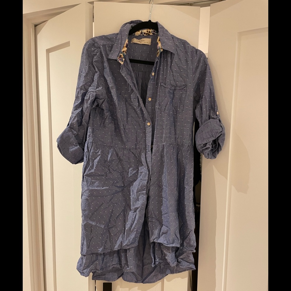Blue roll up sleeve collar dress